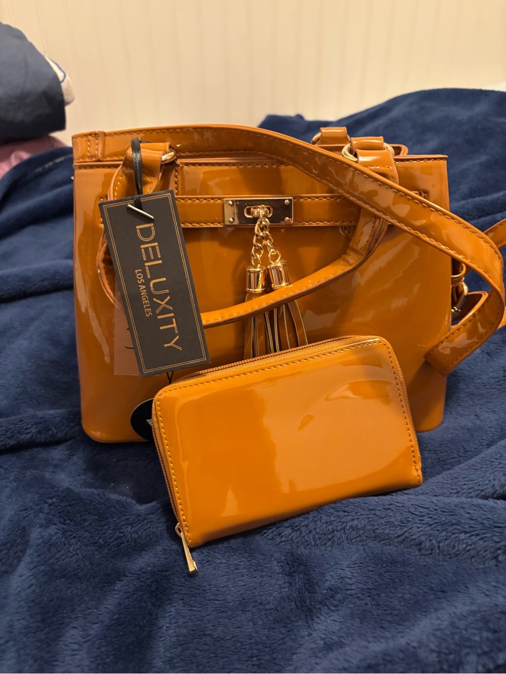 Deluxity Patent Shoulder Bag and Zip Wallet in Orange